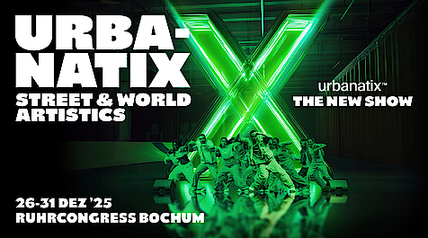 Werbeposter für Urbanatix-Show mit Tänzern vor grünem leuchtenden "X", 26.-31. Dez. 2025.