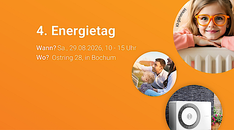 Bild auf orangenem Hintergrund mit 3 Kreisen mit einer Familie, einem Mädchen und einer Wärmepumpe