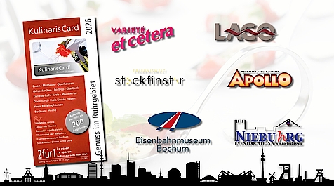 Werbung für die Kulinaris Card 2026 mit Partnerlogos und Infos zu Angeboten im Ruhrgebiet.