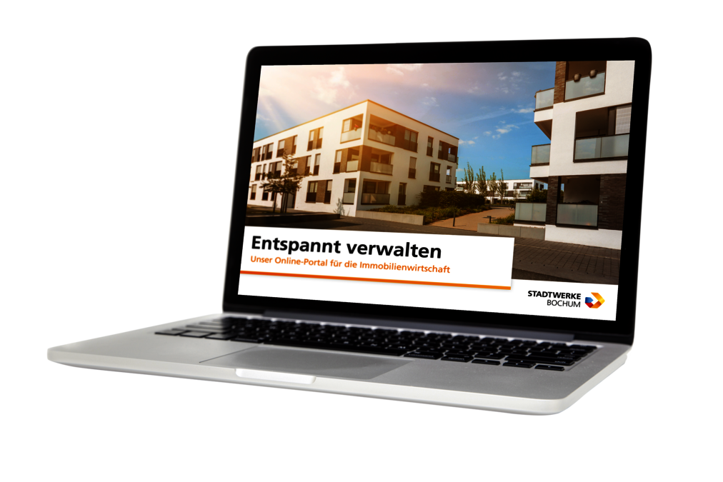 Laptop mit geöffnetem Bildschirm zeigt eine Werbeanzeige der Stadtwerke Bochum für Immobilienverwaltung.