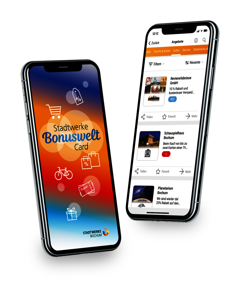 Zwei Smartphones mit Stadtwerke Bochum App; links Bonuswelt Card, rechts Angebote und Erlebnisse.