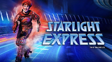 Darsteller in futuristischem Kostüm auf Rollschuhen, Schriftzug "Starlight Express".