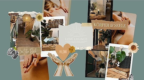 Collage der Lomi Lounge mit Massagen, Pflanzen, Räumen, Deko und motivierenden Texten.