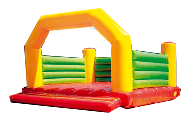 Bunte Hüpfburg mit gelbem Dach, grünen Wänden und rotem Boden.