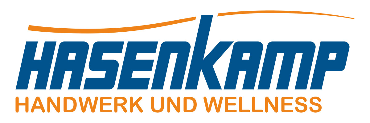 Logo von Hasenkamp mit Slogan "Handwerk und Wellness" in Blau und Orange gestaltet.