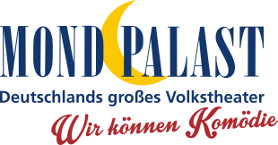 Logo des Mondpalast mit gelbem Halbmond, Slogan "Wir können Komödie" und Theatertext.
