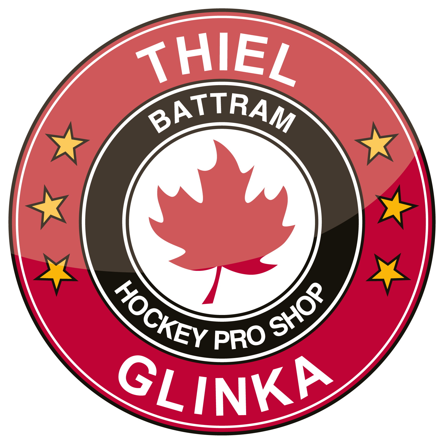 Rundes Logo von Thiel Glinka Hockey Pro Shop mit Ahornblatt und goldenen Sternen.