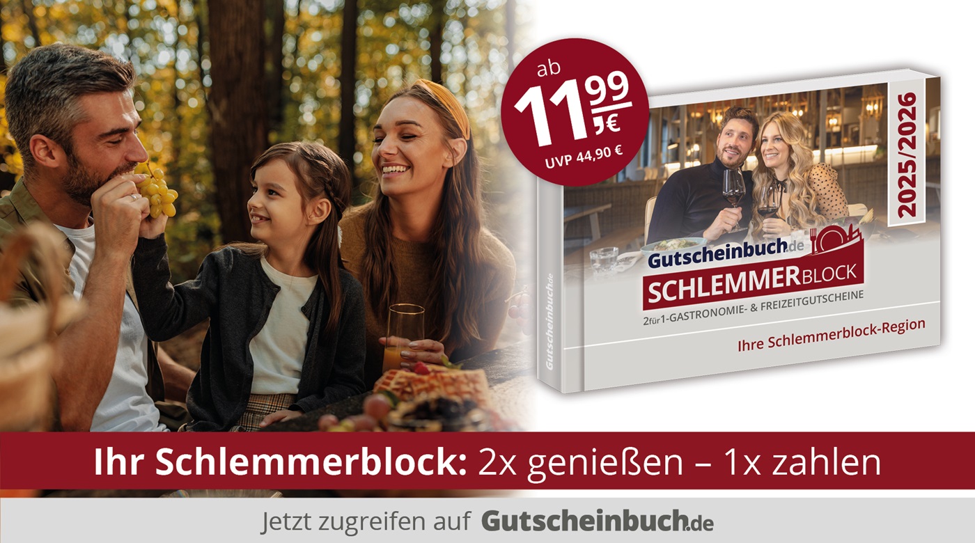 Werbung für Schlemmerblock 2025/2026: "2x genießen – 1x zahlen" ab 11,99 €.